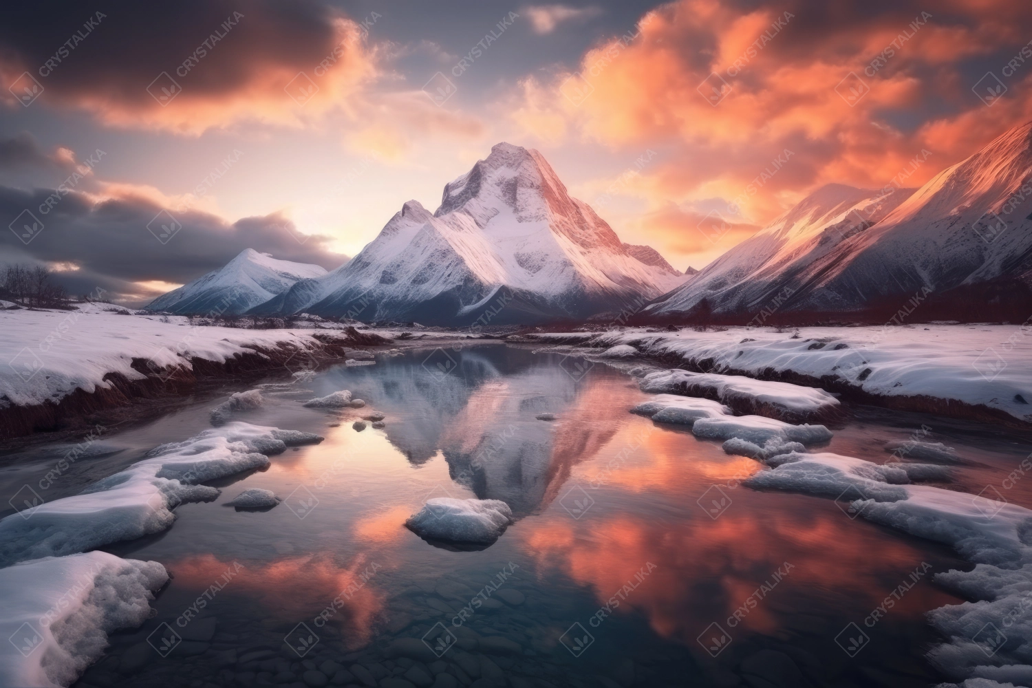 Professional photography of snowy mountains reflecting in a glacial lake