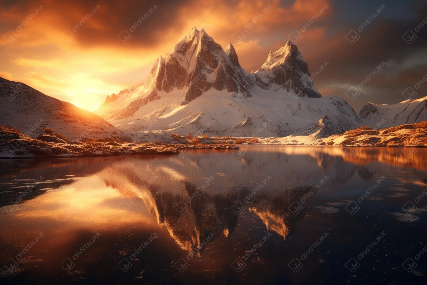 Professional photography of snowy mountains reflecting in a glacial lake