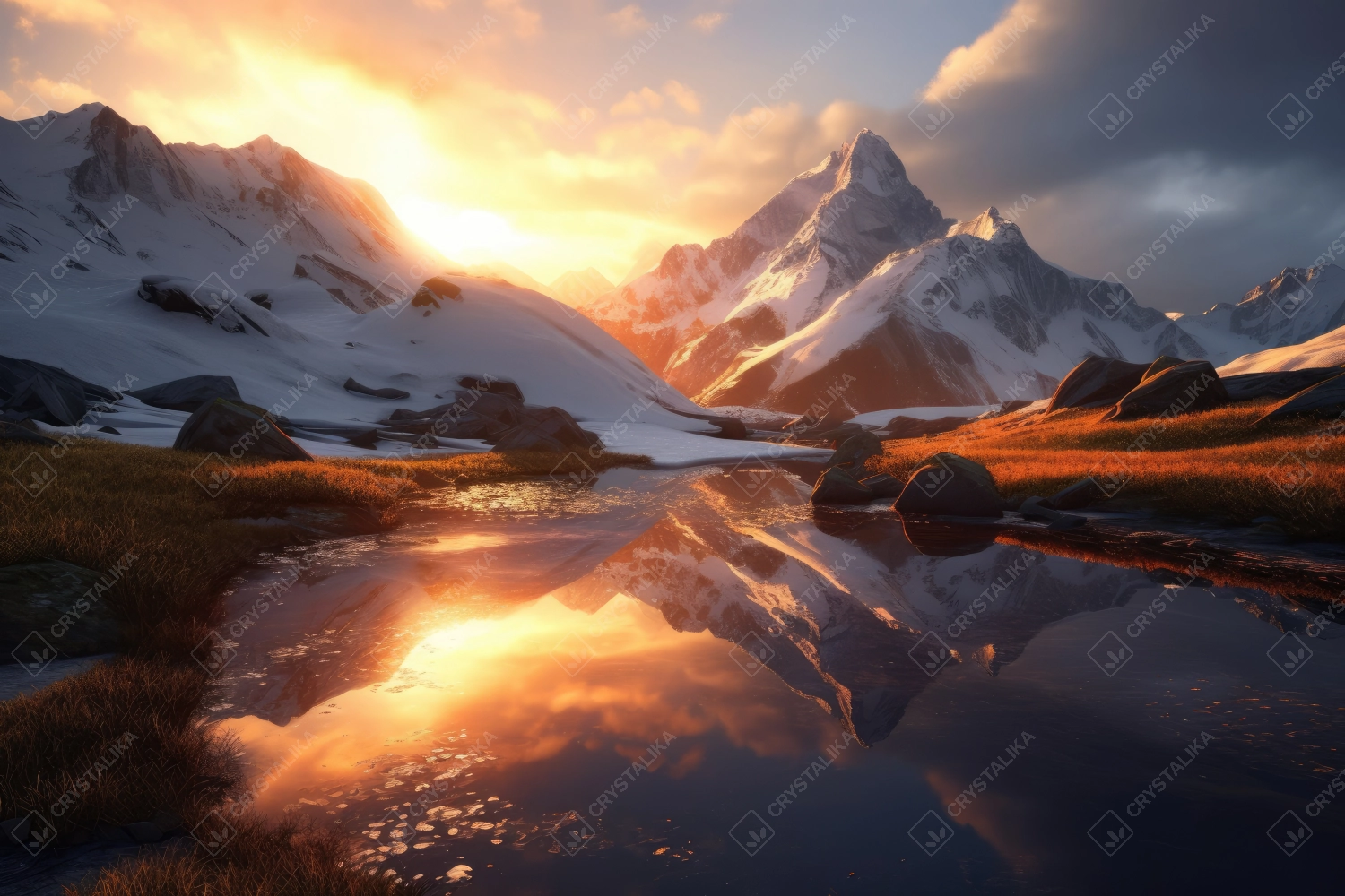 Professional photography of snowy mountains reflecting in a glacial lake