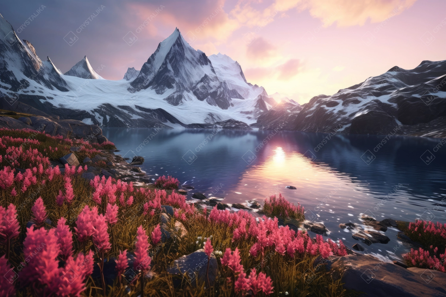 Professional photography of snowy mountains reflecting in a glacial lake