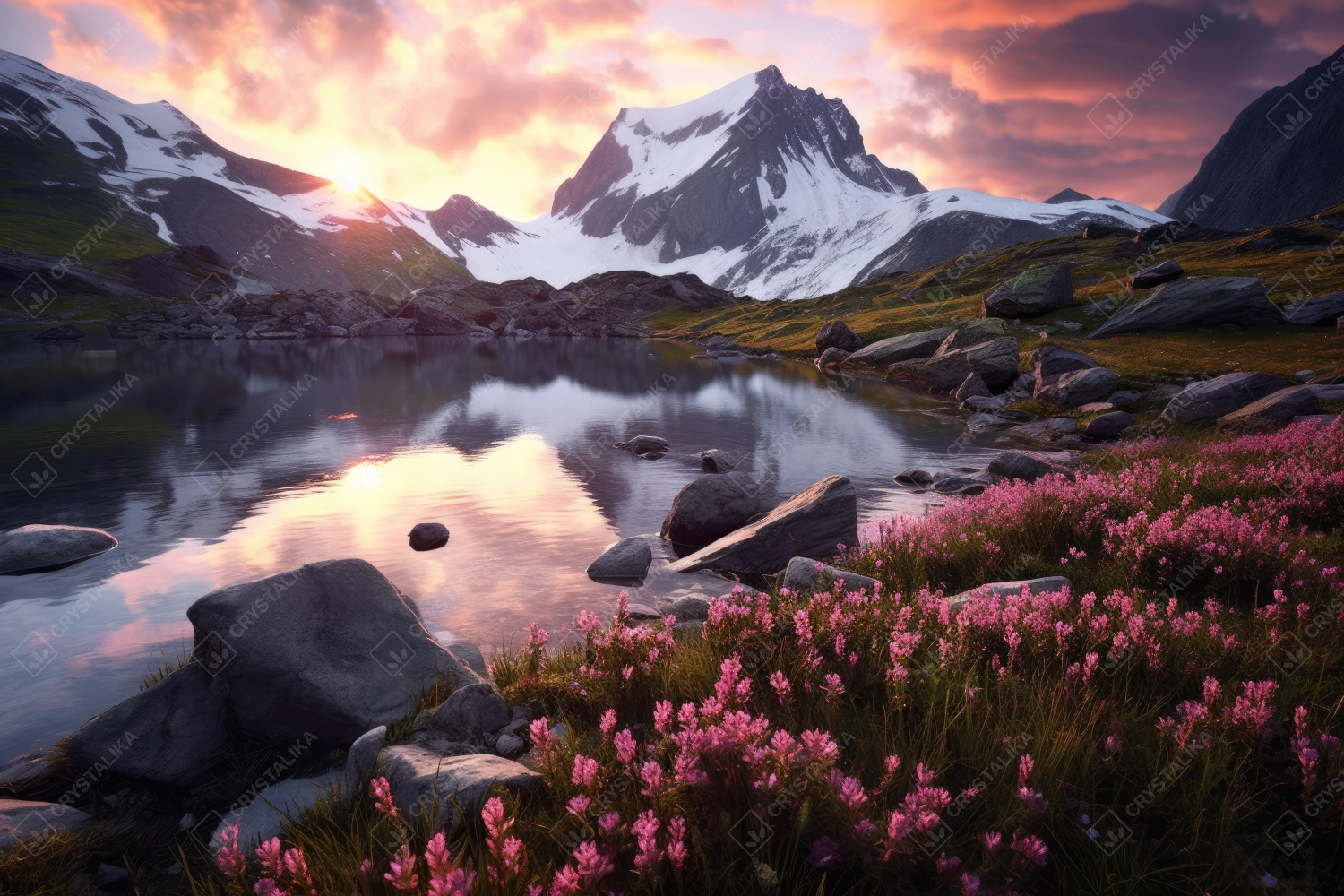 Professional photography of snowy mountains reflecting in a glacial lake