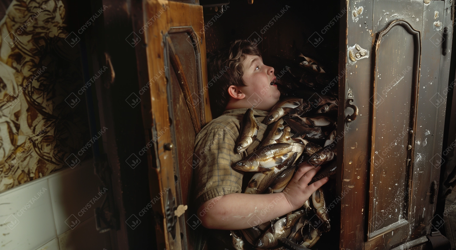 Chubby boy in a closet full of fish