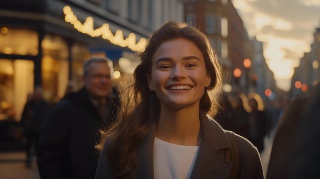 A young and charming lady wearing grey jacket over white tshirt is smiling amidst a busy city street.