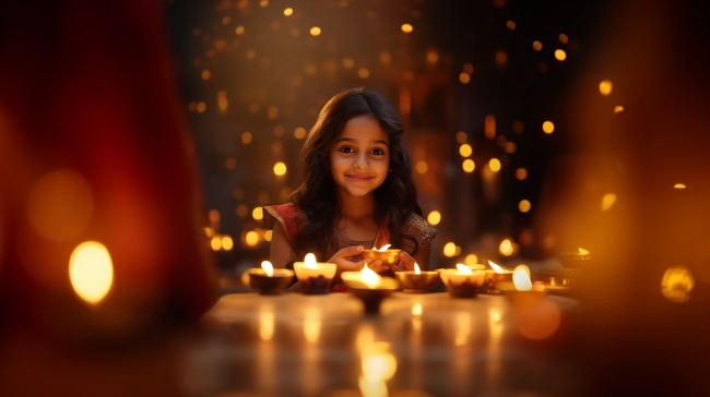 a smiling cute indian girl holding a diya during indian festival