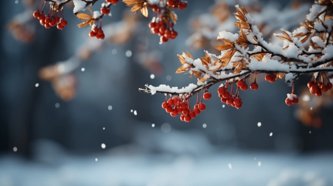 Winter tree with snow, close-up photo with a blurred background