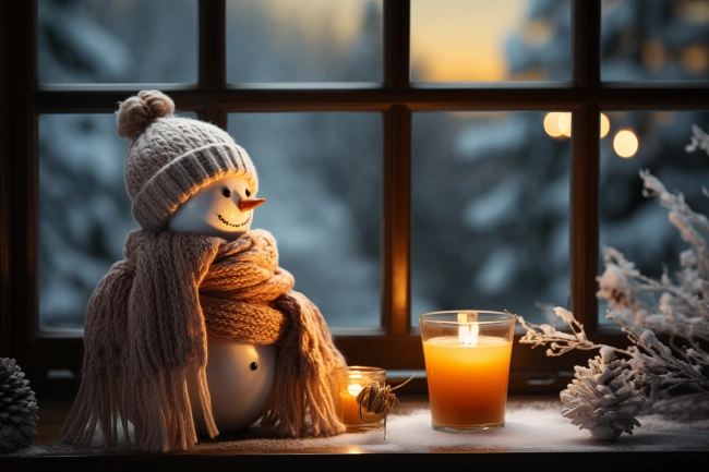 Warm and cozy Christmas winter decoration, candlelight, ceramic figurine, evening forest background