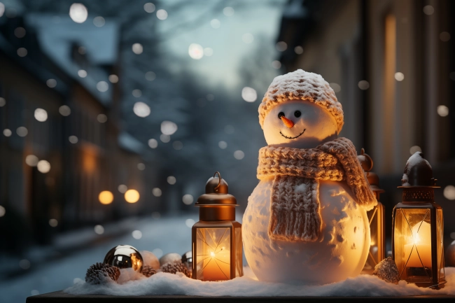 Warm and cozy Christmas winter decoration, candlelight, ceramic figurine, evening forest background