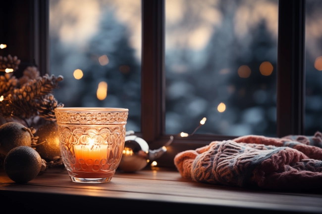 Christmas decorations on window sill, during winter evening with warm light and candles in glass holders