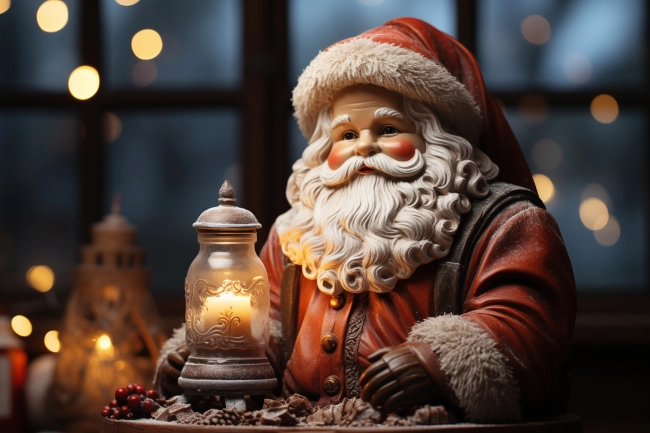 Warm cozy scene on a window sill, during winter evening, Christmas decorations