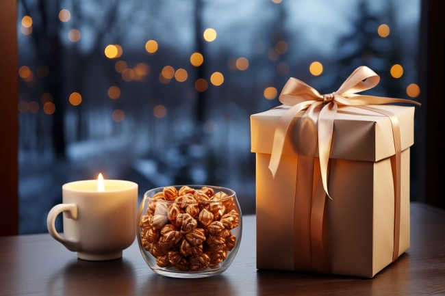 Warm cozy scene on a window sill, during winter evening, Christmas decorations