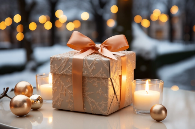 Warm cozy scene on a window sill, during winter evening, Christmas decorations