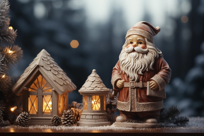 Ceramic Santa Claus in a winter scene, Christmas decoration with warm light