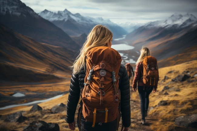 Back view of hikers with backpack in beautiful mountains