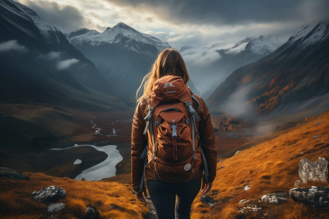 Back view of hikers with backpack in beautiful mountains