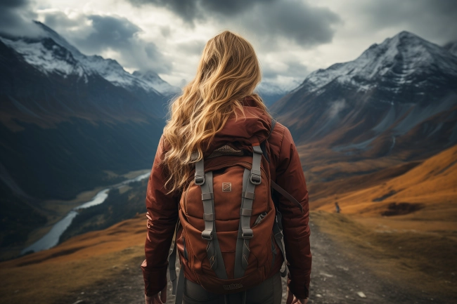 Back view of hikers with backpack in beautiful mountains