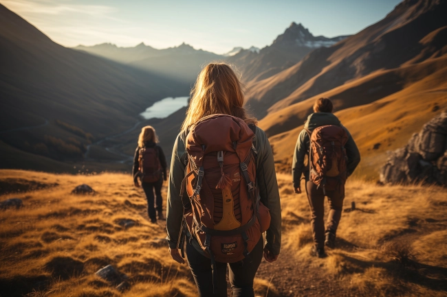 Back view of hikers with backpack in beautiful mountains