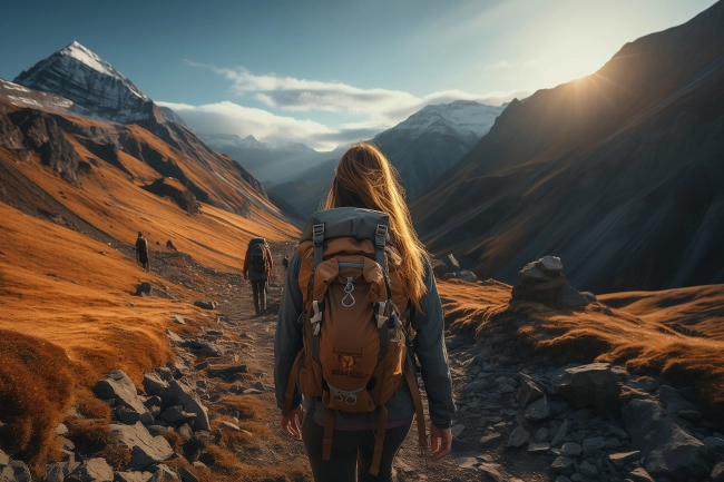 Back view of hikers with backpack in beautiful mountains