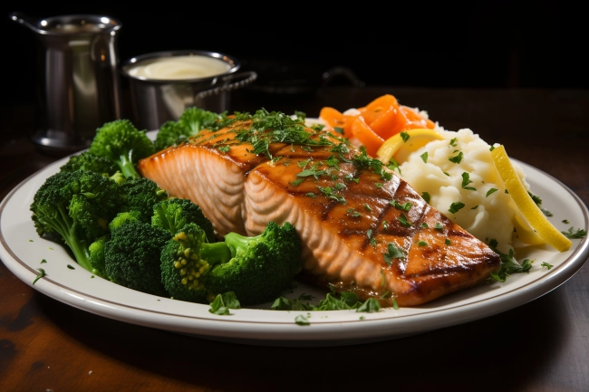 Grilled salmon fillet with mashed potato and vegetables on a plate