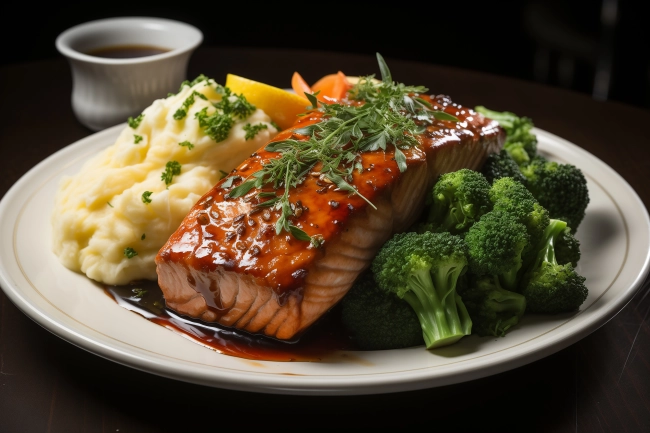 Grilled salmon fillet with mashed potato and vegetables on a plate