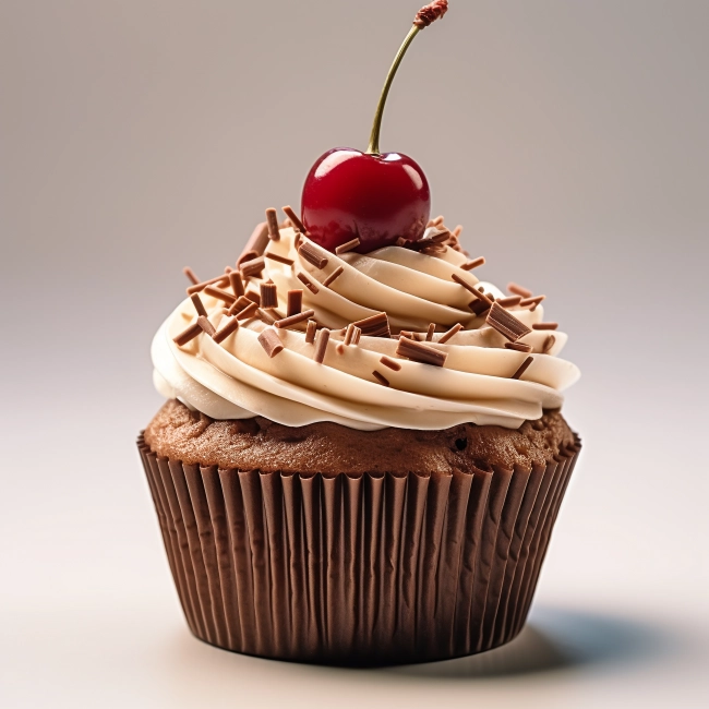 Cupcake with cream and cherry on a gray background.