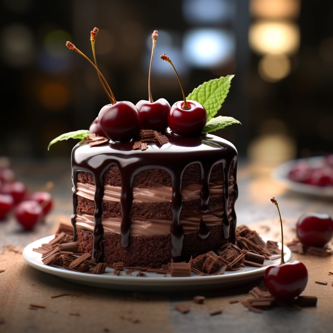 Chocolate cake with cherries and mint on a wooden table.
