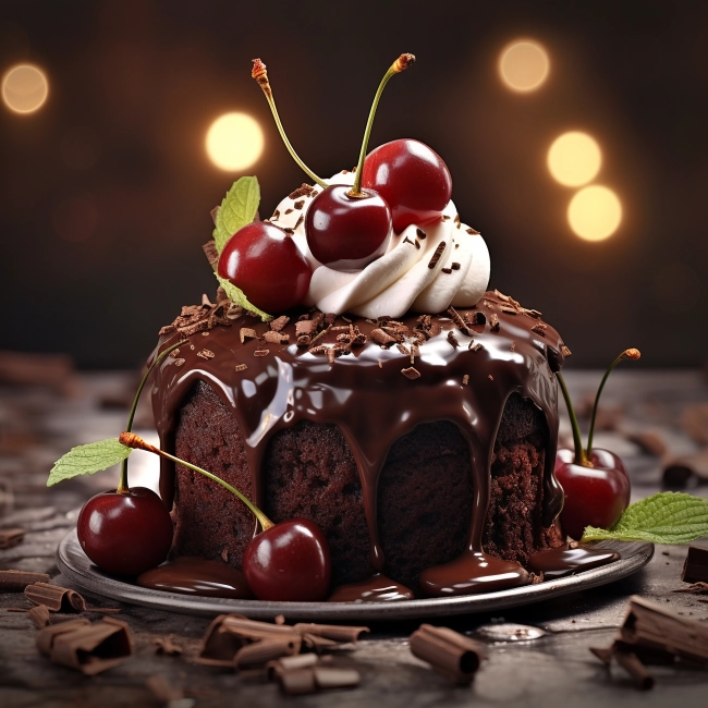 Chocolate cake with cherries and whipped cream on a dark background