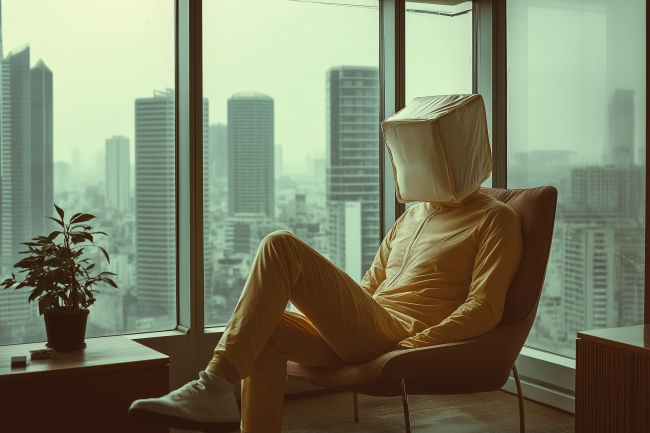 Man with head covered with beige plastic